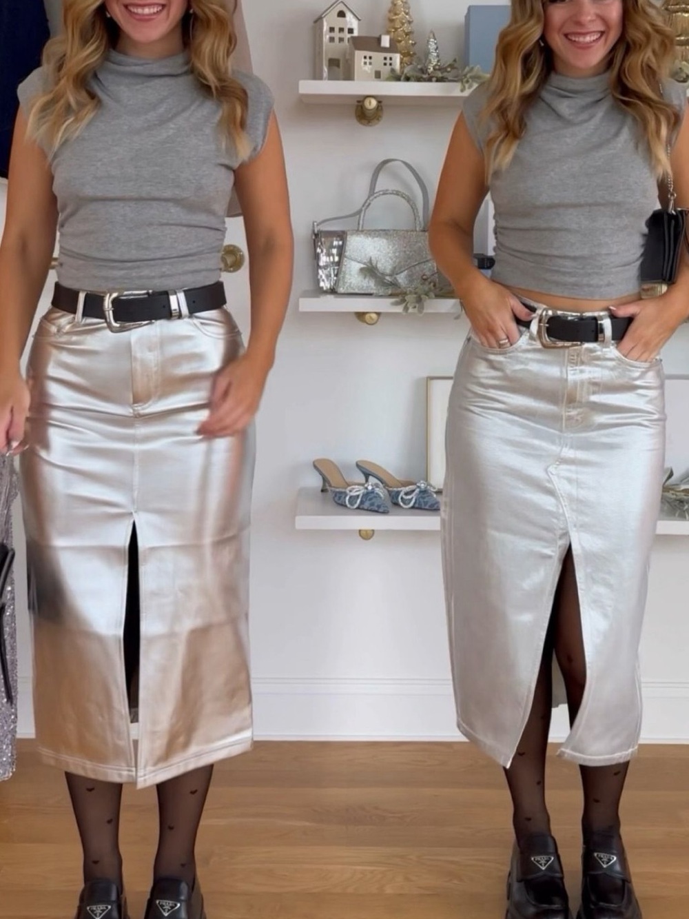 Every Silver Metallic Coated Canvas Skirt Front Slit Pockets Zip Fly Grey Size 6